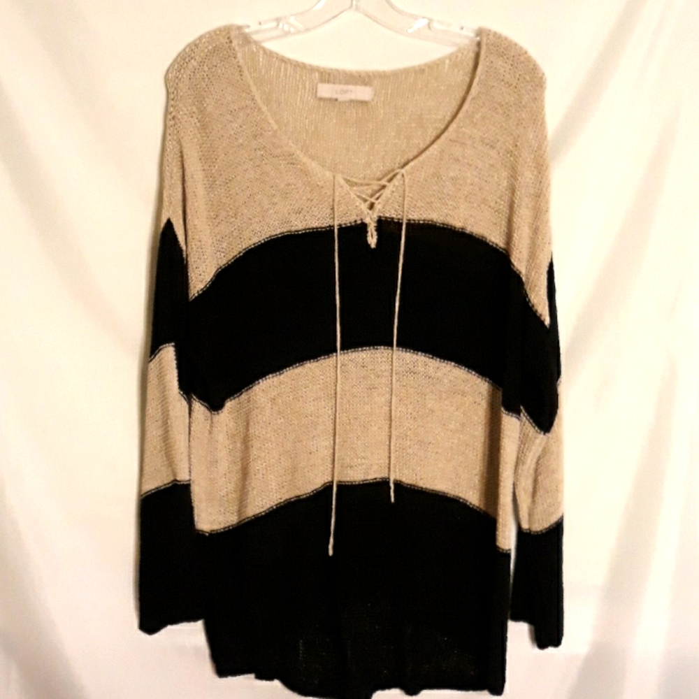 LOFT Striped Lace-Up V-Neck Sweater - Black & Cream